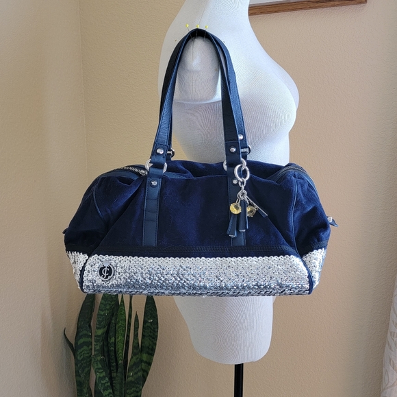 Y2K Juicy Couture Velour Sequin Duffle Bag Navy Blue and Silver